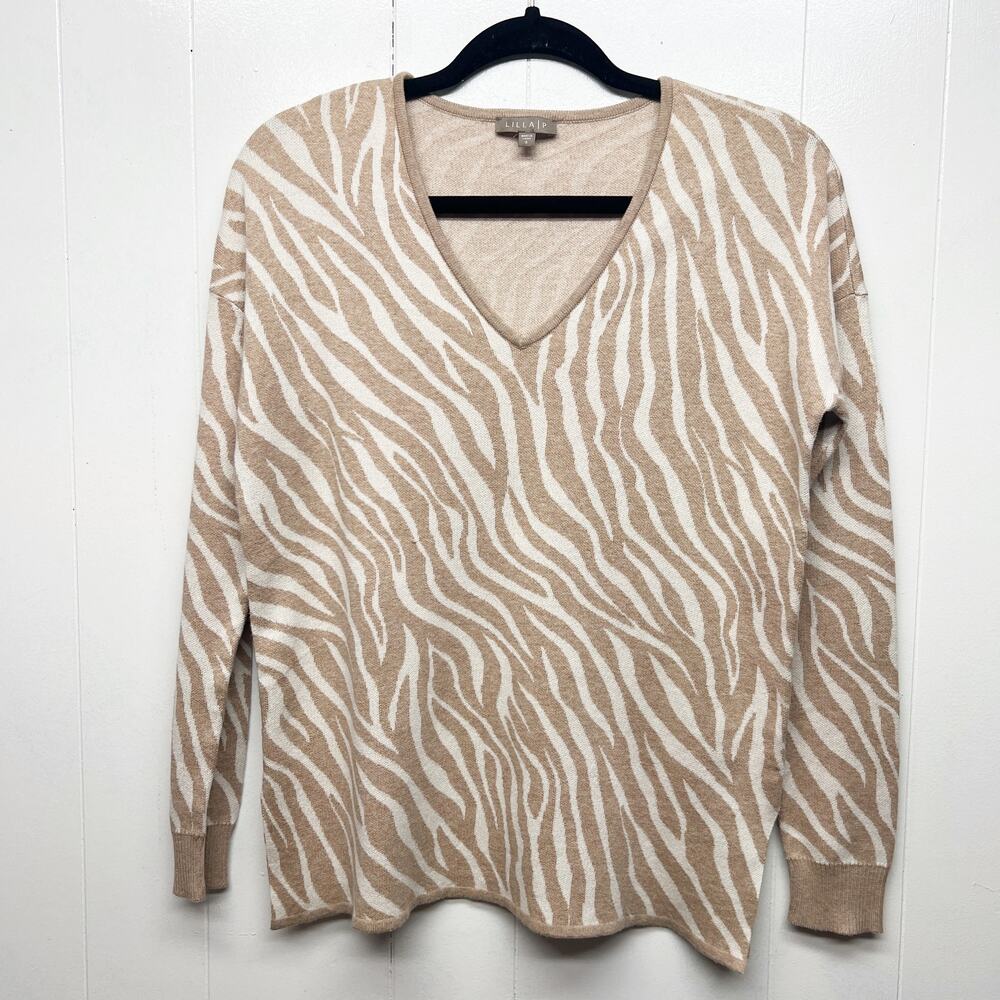 Lilla P Tiger Print Women's Pullover V-Neck Long Sleeve Sweater Small Tan Cream